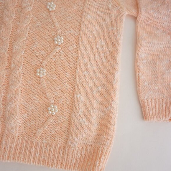 Vintage Spice Of Life Peach Knit w Beaded Pearls Cable Knit Sweater L - Picture 6 of 11
